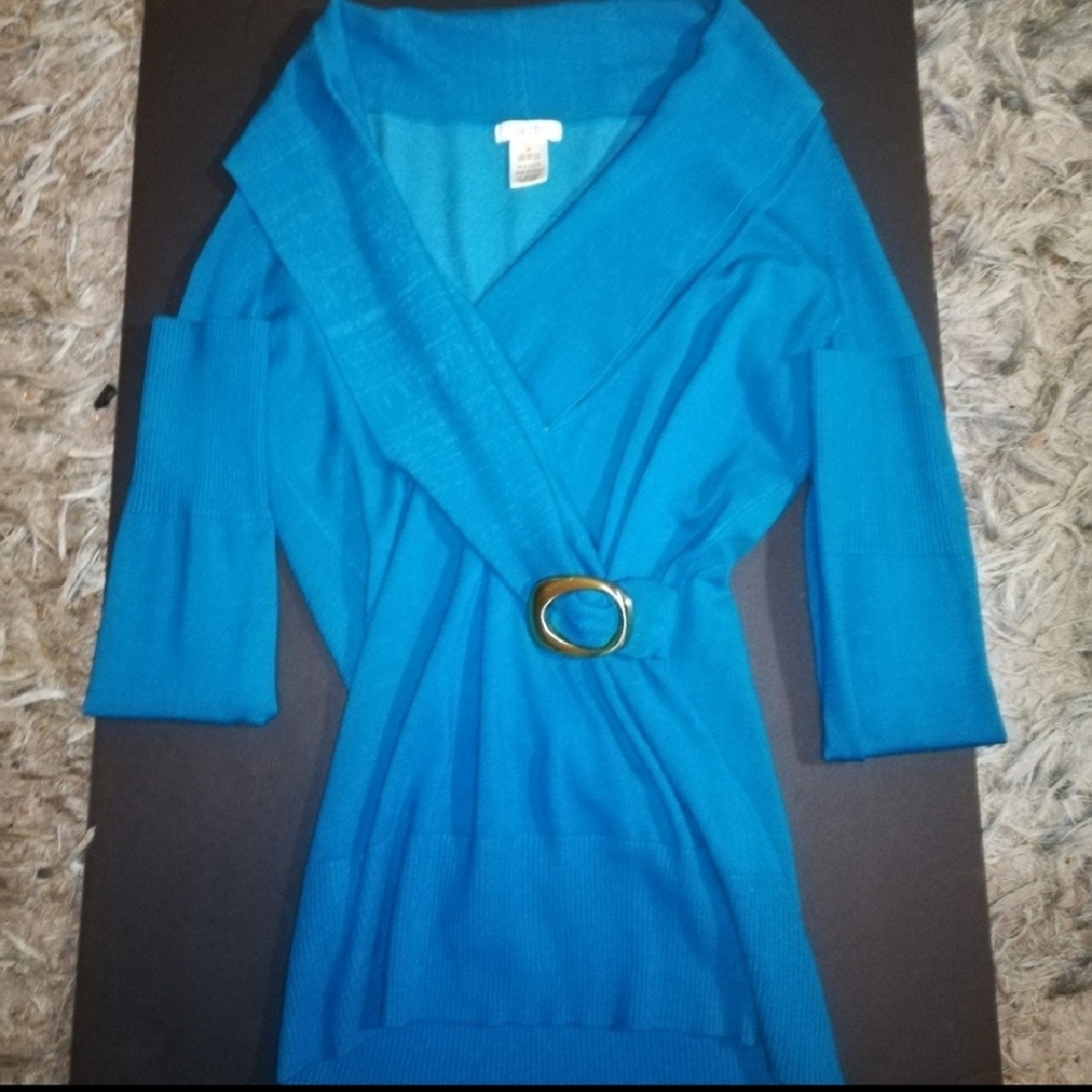 Cache Cold Shoulder Turquoise Sweater